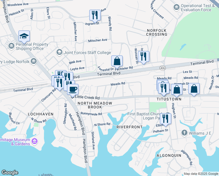 map of restaurants, bars, coffee shops, grocery stores, and more near 7708 Cortlandt Place in Norfolk