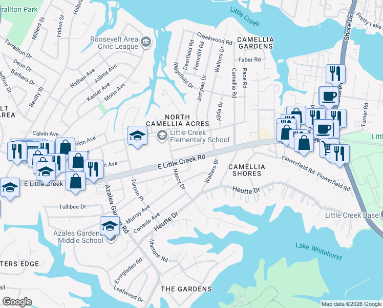 map of restaurants, bars, coffee shops, grocery stores, and more near 2933 East Little Creek Road in Norfolk