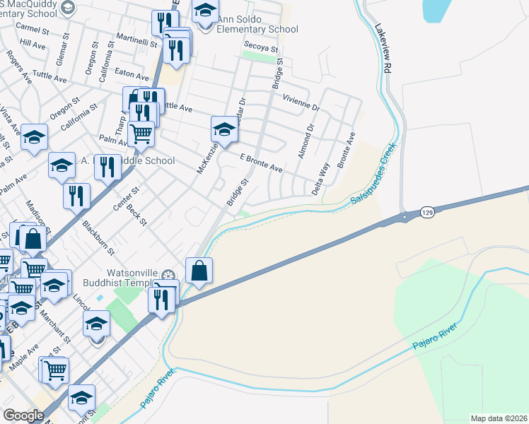 map of restaurants, bars, coffee shops, grocery stores, and more near Levee Path in Watsonville