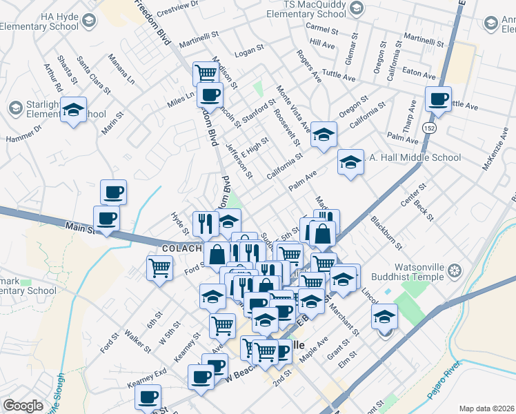 map of restaurants, bars, coffee shops, grocery stores, and more near 215 Palm Avenue in Watsonville
