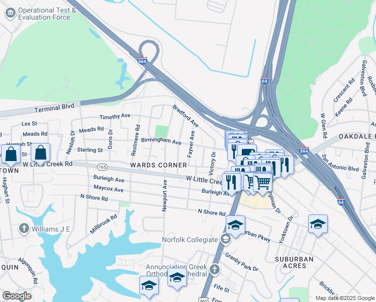 map of restaurants, bars, coffee shops, grocery stores, and more near 7637 Fayver Avenue in Norfolk