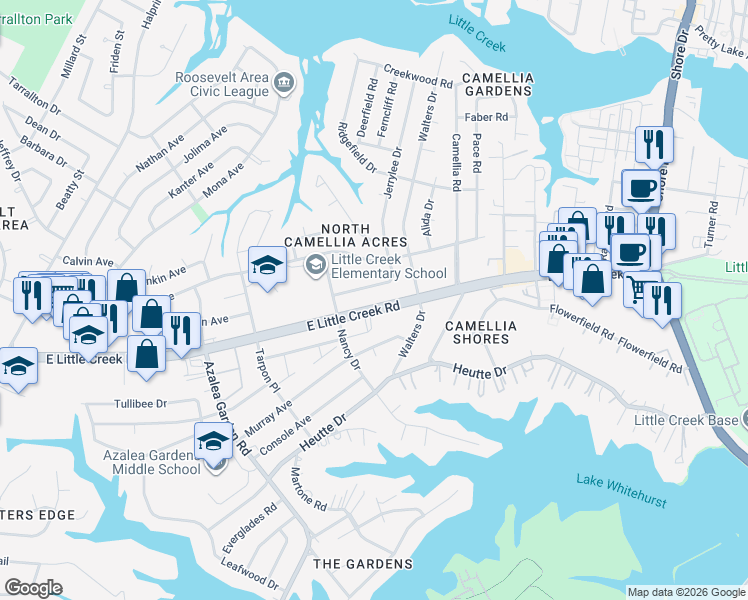 map of restaurants, bars, coffee shops, grocery stores, and more near 2933 East Little Creek Road in Norfolk