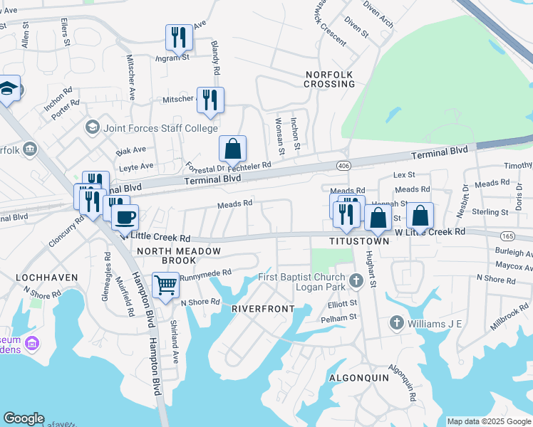 map of restaurants, bars, coffee shops, grocery stores, and more near 7717 Major Avenue in Norfolk