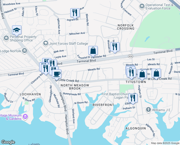 map of restaurants, bars, coffee shops, grocery stores, and more near 7708 Cortlandt Place in Norfolk