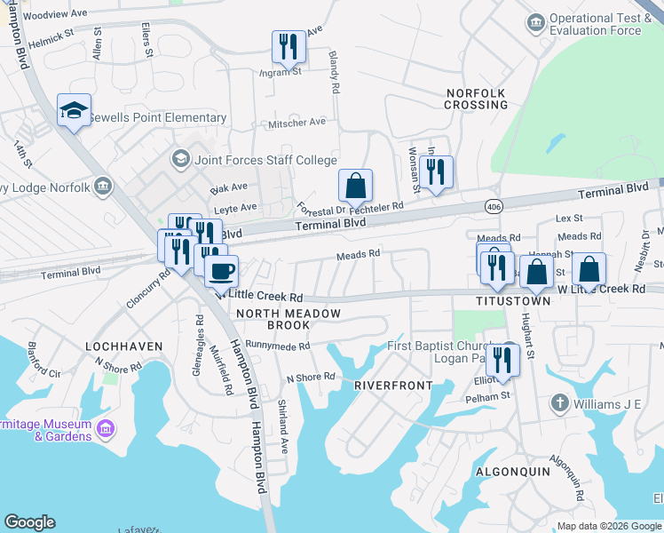 map of restaurants, bars, coffee shops, grocery stores, and more near 7708 Cortlandt Place in Norfolk
