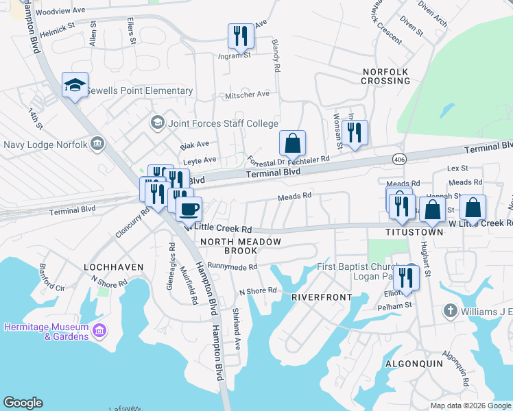 map of restaurants, bars, coffee shops, grocery stores, and more near 7705 Lambert Place in Norfolk