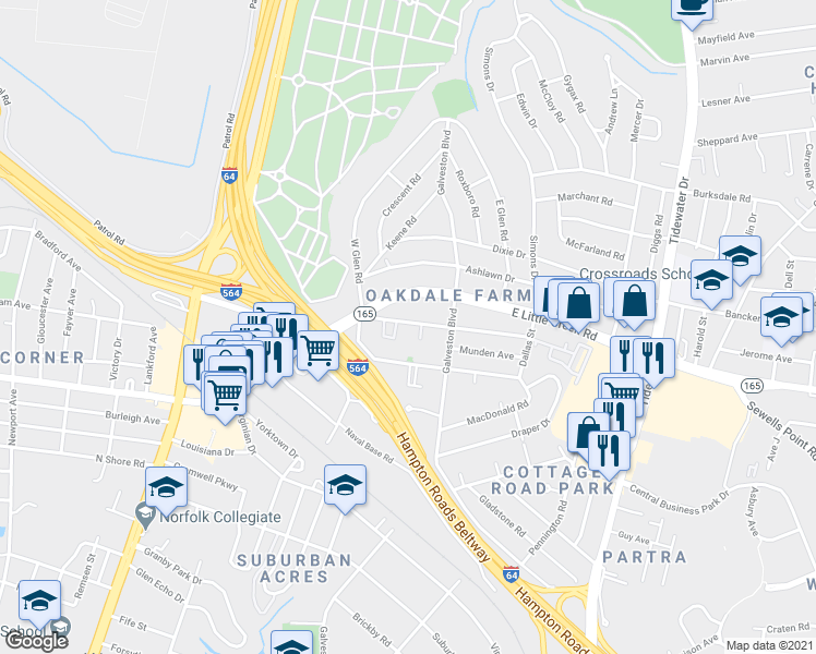 map of restaurants, bars, coffee shops, grocery stores, and more near 351 Fort Worth Avenue in Norfolk