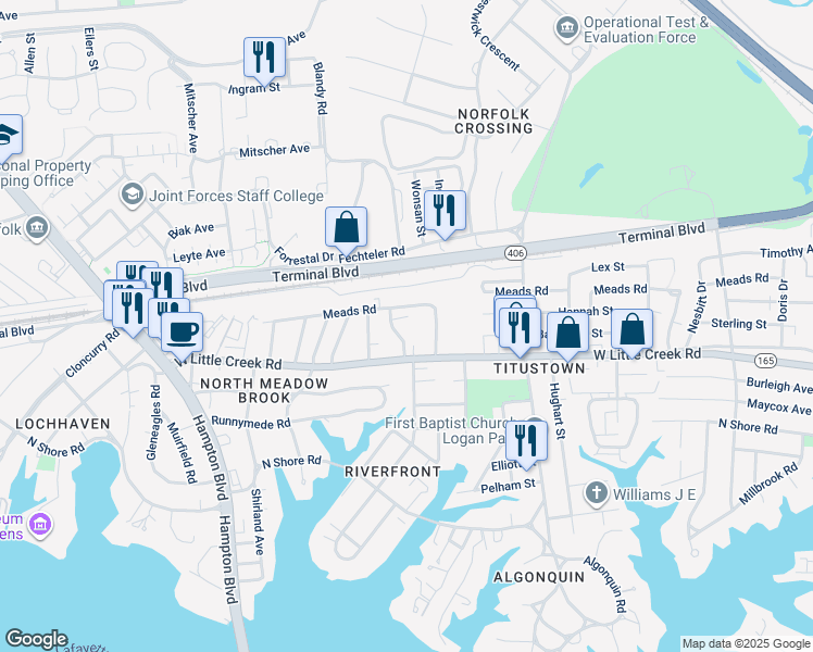 map of restaurants, bars, coffee shops, grocery stores, and more near 7724 Major Avenue in Norfolk
