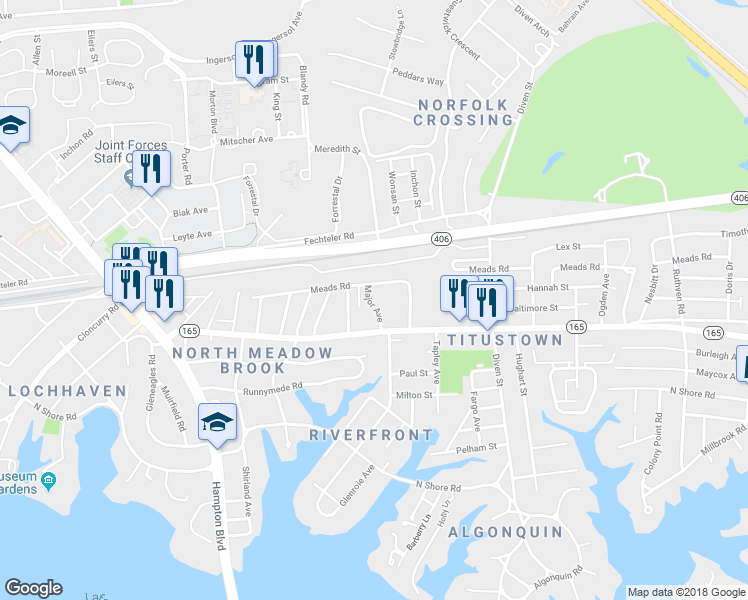 map of restaurants, bars, coffee shops, grocery stores, and more near 7730 Major Avenue in Norfolk