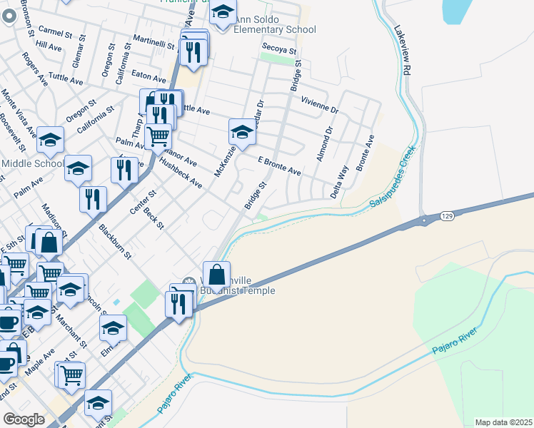 map of restaurants, bars, coffee shops, grocery stores, and more near 205 Hushbeck Avenue in Watsonville