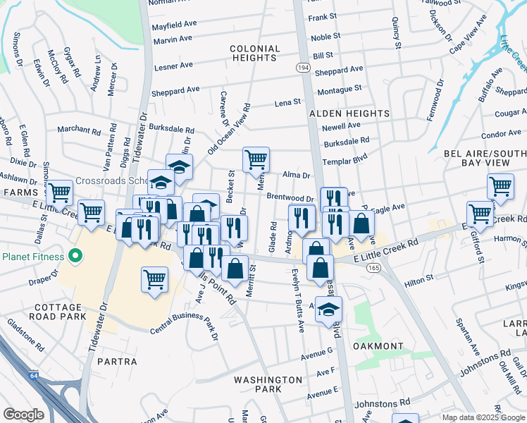 map of restaurants, bars, coffee shops, grocery stores, and more near 7943 Glade Road in Norfolk