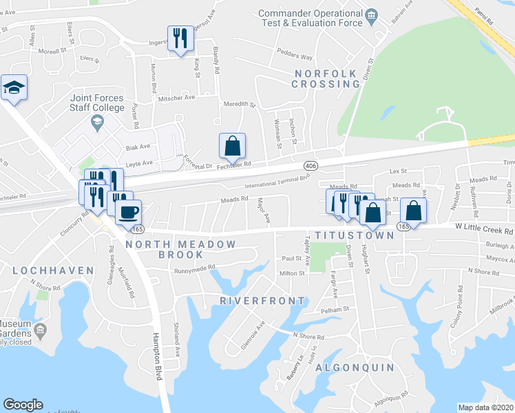 map of restaurants, bars, coffee shops, grocery stores, and more near 7735 Major Avenue in Norfolk