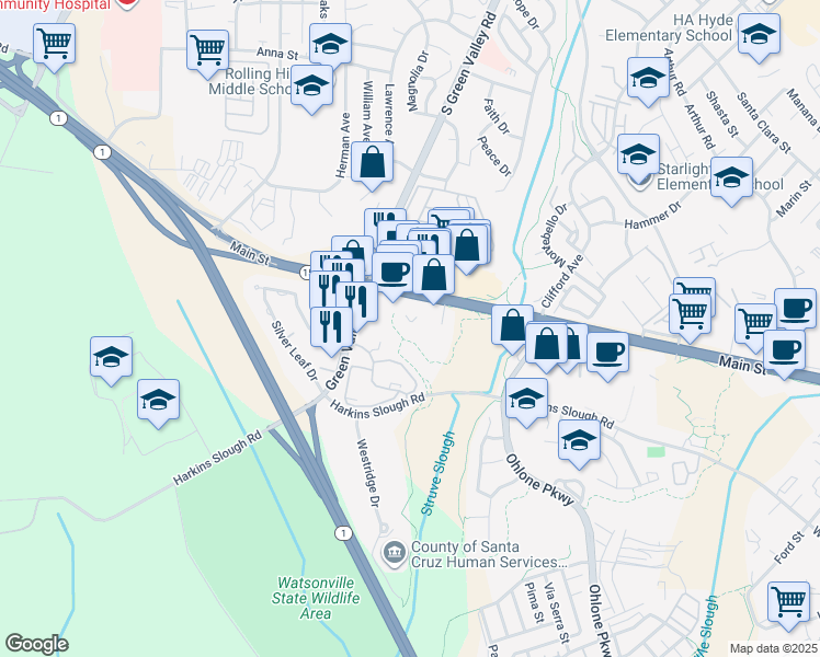 map of restaurants, bars, coffee shops, grocery stores, and more near 1931 Main Street in Watsonville