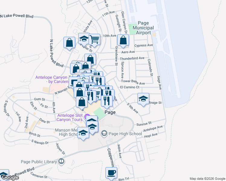 map of restaurants, bars, coffee shops, grocery stores, and more near 125 7th Avenue in Page