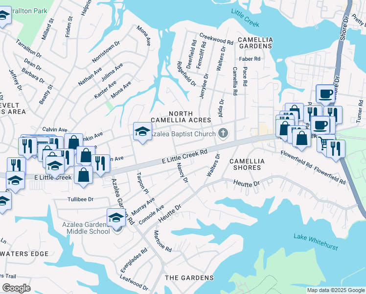 map of restaurants, bars, coffee shops, grocery stores, and more near 2901 East Little Creek Road in Norfolk