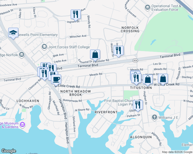 map of restaurants, bars, coffee shops, grocery stores, and more near 1440 West Little Creek Road in Norfolk