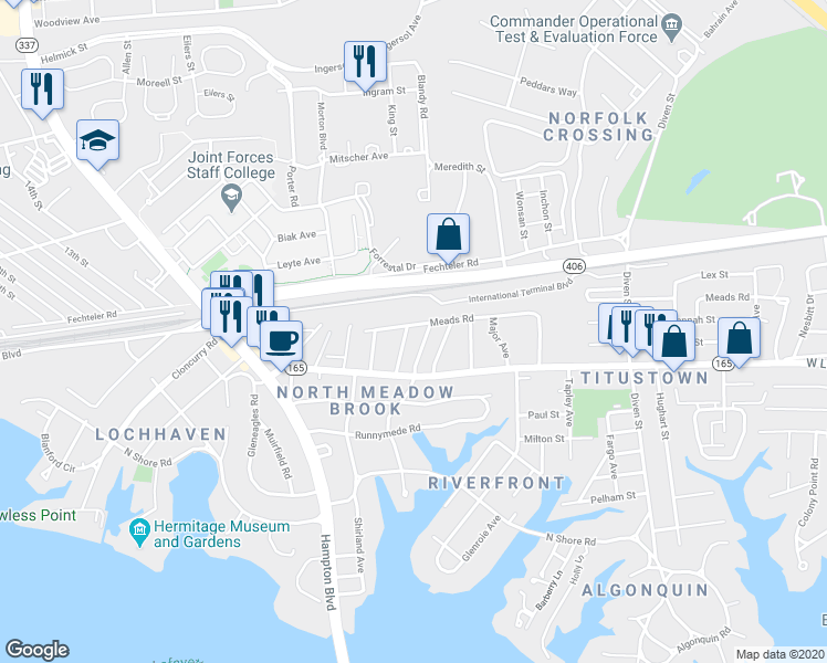 map of restaurants, bars, coffee shops, grocery stores, and more near 7708 Cortlandt Place in Norfolk