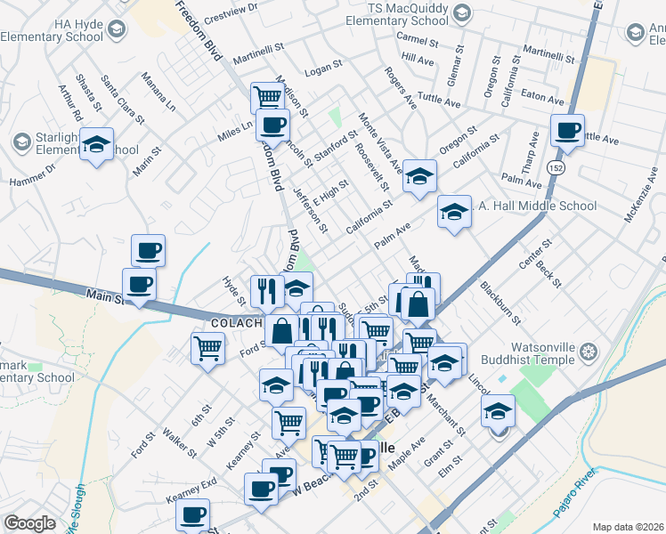 map of restaurants, bars, coffee shops, grocery stores, and more near 215 Palm Avenue in Watsonville