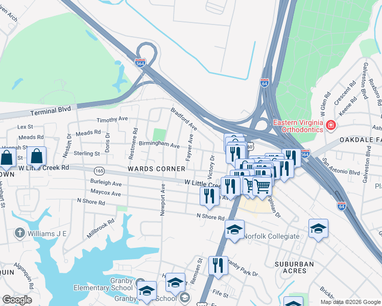 map of restaurants, bars, coffee shops, grocery stores, and more near 7611 Bondale Avenue in Norfolk