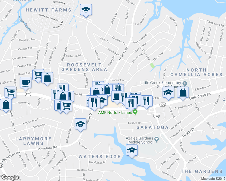 map of restaurants, bars, coffee shops, grocery stores, and more near 2320 Dominion Avenue in Norfolk