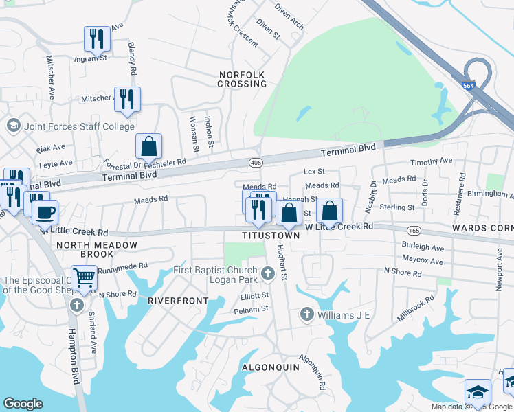 map of restaurants, bars, coffee shops, grocery stores, and more near 7731 Diven Street in Norfolk