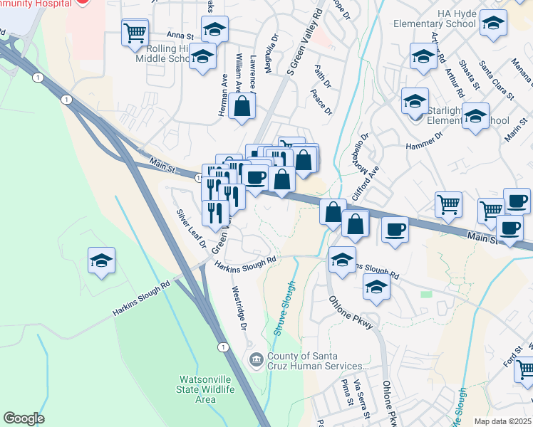 map of restaurants, bars, coffee shops, grocery stores, and more near 1999 Main Street in Watsonville