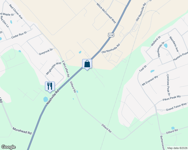 map of restaurants, bars, coffee shops, grocery stores, and more near 6558 Nashville Road in Bowling Green