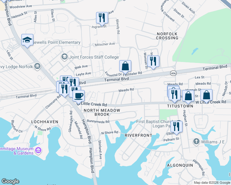 map of restaurants, bars, coffee shops, grocery stores, and more near 1472 Meads Road in Norfolk