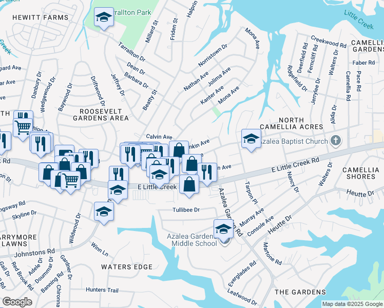 map of restaurants, bars, coffee shops, grocery stores, and more near 2444 Dominion Avenue in Norfolk