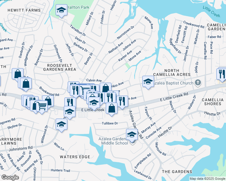 map of restaurants, bars, coffee shops, grocery stores, and more near 2444 Dominion Avenue in Norfolk
