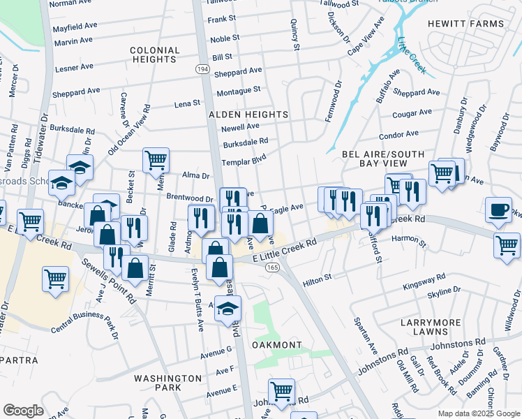 map of restaurants, bars, coffee shops, grocery stores, and more near 1150 Eagle Avenue in Norfolk