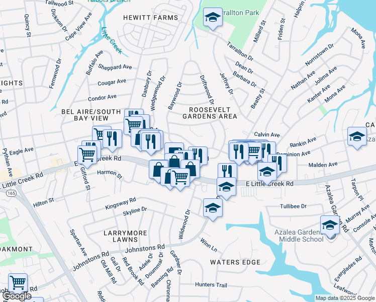 map of restaurants, bars, coffee shops, grocery stores, and more near 1834 Brookwood Road in Norfolk
