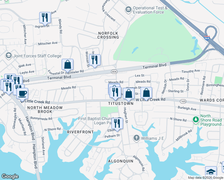 map of restaurants, bars, coffee shops, grocery stores, and more near 1109 Meads Road in Norfolk