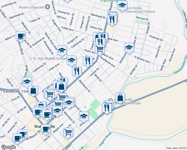 map of restaurants, bars, coffee shops, grocery stores, and more near 452 East Lake Avenue in Watsonville