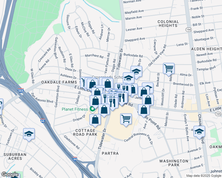 map of restaurants, bars, coffee shops, grocery stores, and more near 8000 Diggs Road in Norfolk