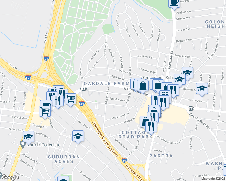 map of restaurants, bars, coffee shops, grocery stores, and more near in Norfolk