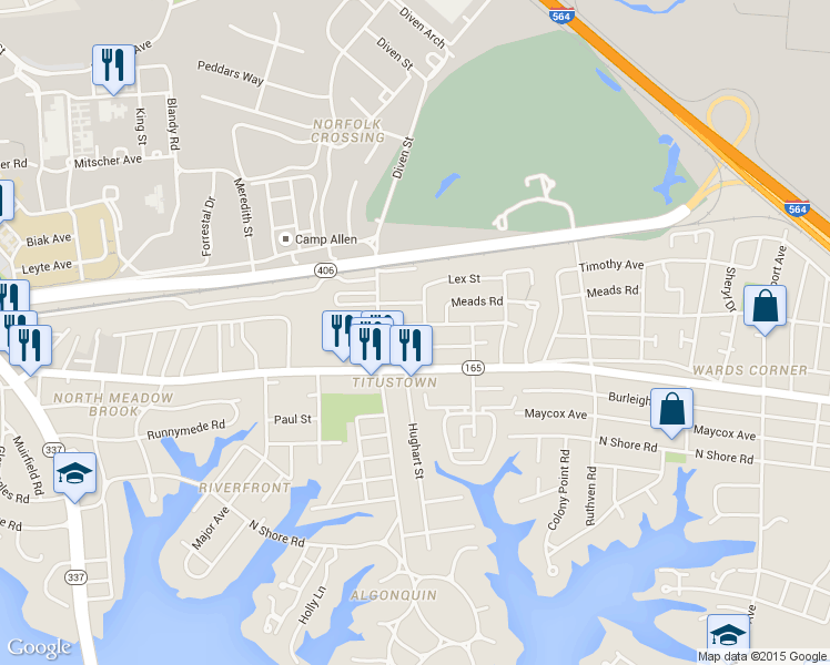 map of restaurants, bars, coffee shops, grocery stores, and more near 1019 Meads Road in Norfolk