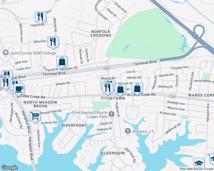 map of restaurants, bars, coffee shops, grocery stores, and more near 1109 Meads Road in Norfolk