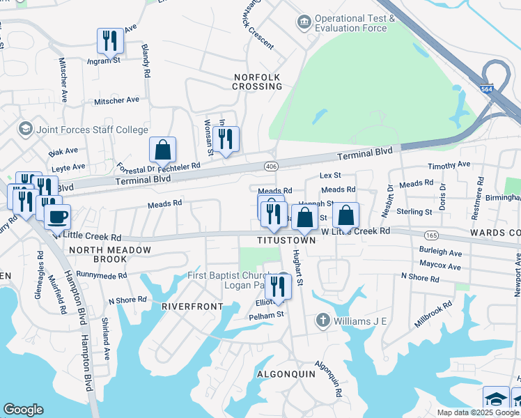 map of restaurants, bars, coffee shops, grocery stores, and more near 1109 Meads Road in Norfolk