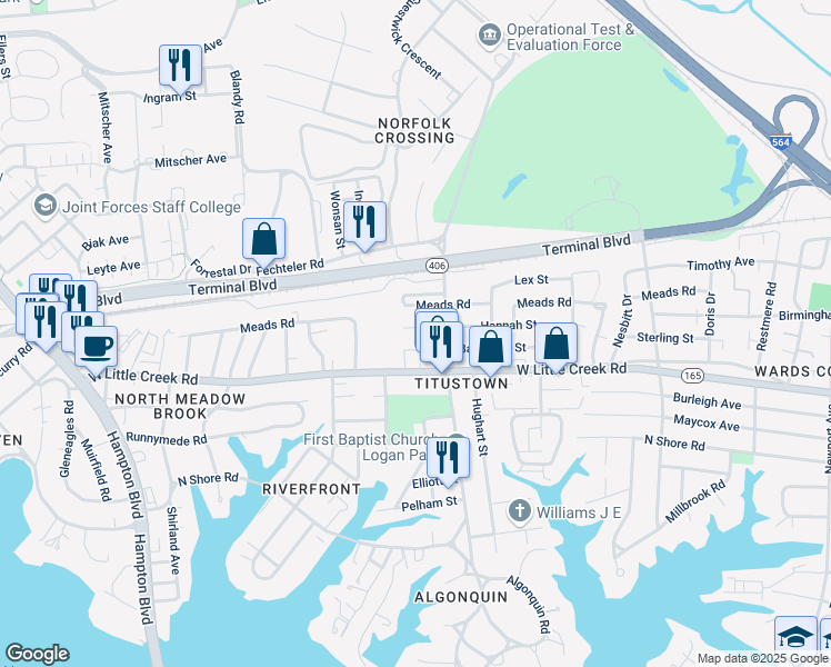 map of restaurants, bars, coffee shops, grocery stores, and more near 7732 Enfield Avenue in Norfolk