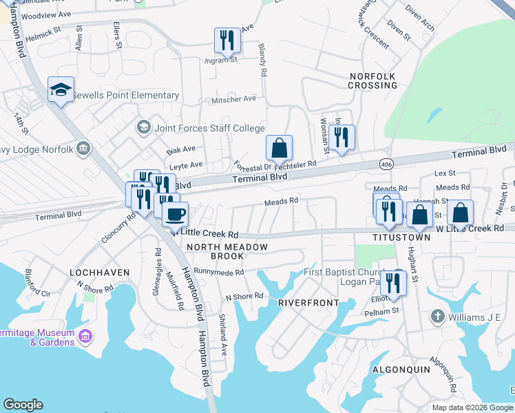 map of restaurants, bars, coffee shops, grocery stores, and more near 1472 Meads Road in Norfolk