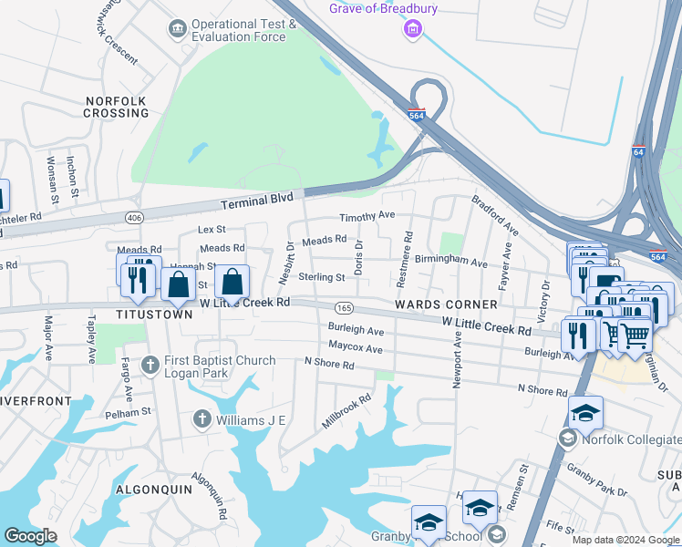 map of restaurants, bars, coffee shops, grocery stores, and more near 526 Sterling Street in Norfolk