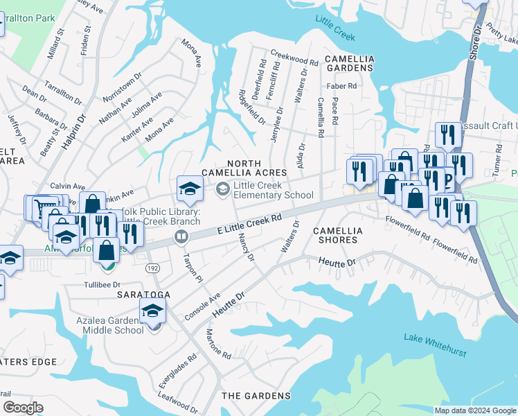 map of restaurants, bars, coffee shops, grocery stores, and more near 2921 East Malden Avenue in Norfolk