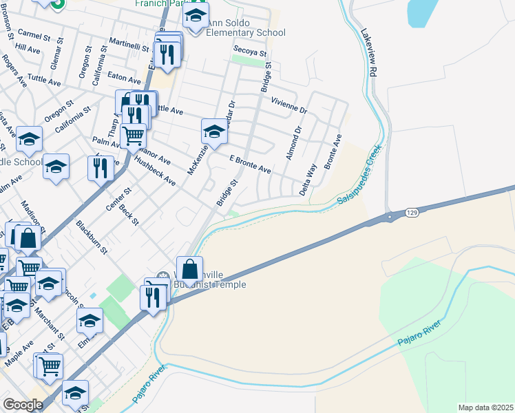 map of restaurants, bars, coffee shops, grocery stores, and more near 624 Delta Way in Watsonville