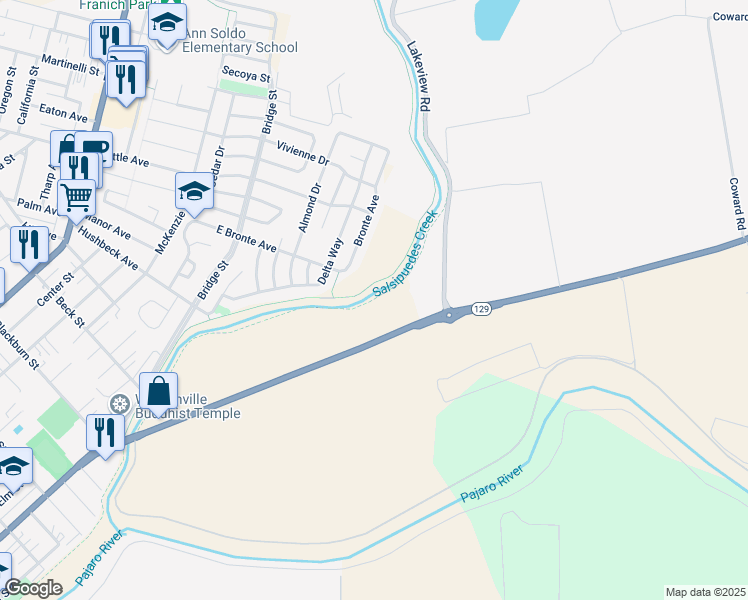 map of restaurants, bars, coffee shops, grocery stores, and more near Levee Path in Watsonville