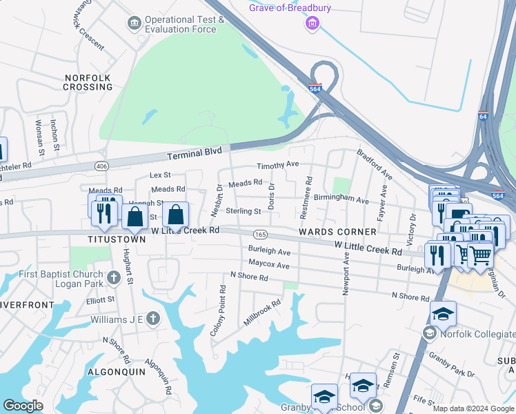 map of restaurants, bars, coffee shops, grocery stores, and more near 526 Sterling Street in Norfolk