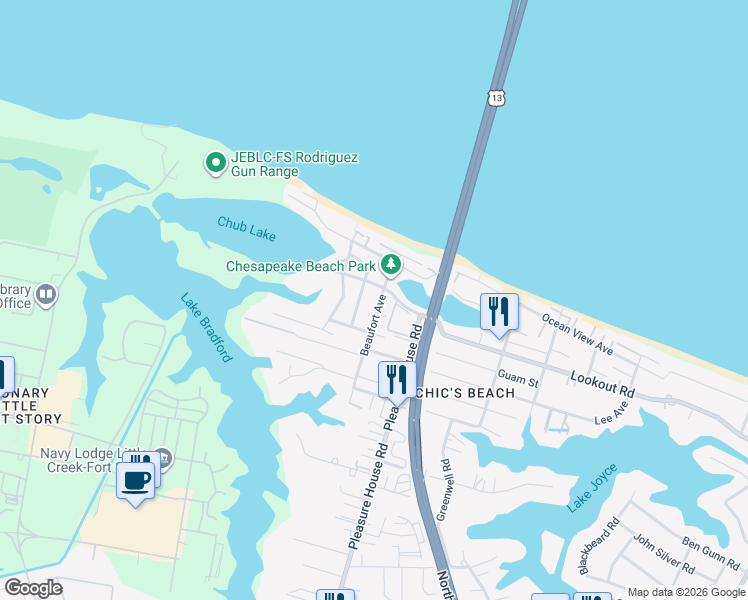 map of restaurants, bars, coffee shops, grocery stores, and more near 2521 Beaufort Avenue in Virginia Beach