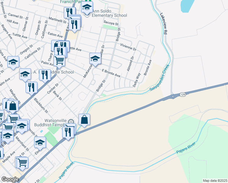 map of restaurants, bars, coffee shops, grocery stores, and more near 624 Delta Way in Watsonville