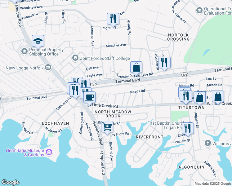 map of restaurants, bars, coffee shops, grocery stores, and more near 1522 Meads Road in Norfolk