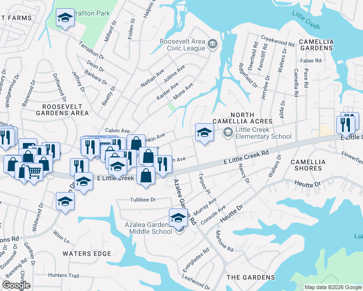 map of restaurants, bars, coffee shops, grocery stores, and more near 2504 Dominion Avenue in Norfolk